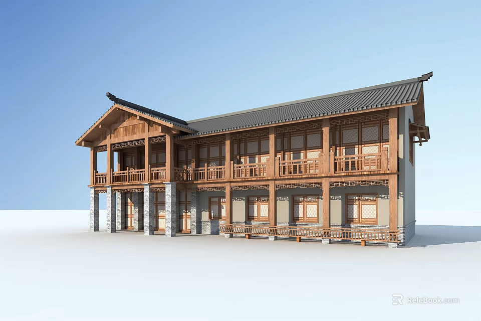 Traditional Chinese Ancient Building With Two Story Wooden Structure And Overhanging Eaves Balconies Windows 3d model 