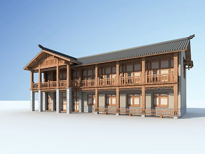 Traditional Chinese Ancient Building With Two Story Wooden Structure And Overhanging Eaves Balconies Windows 3d model