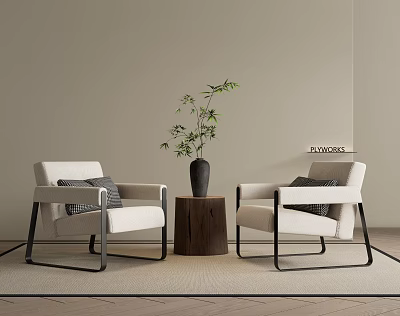 White Leisure Chairs with Black Metal Frames Gray Cushions Wooden Table Black Vase Green Plant 3d model