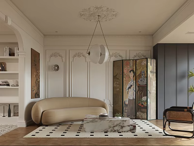 Elegant Living Room Interior with Beige Sofa Chinese Screen Marble Coffee Table Black White Rug 3d model