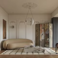 Elegant Living Room Interior with Beige Sofa Chinese Screen Marble Coffee Table Black White Rug