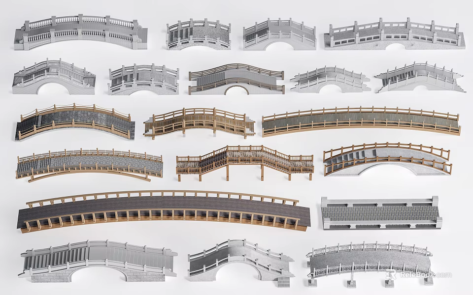Different Landscape Bridge Designs Featuring Various Shapes Structures And Railings 3d model 