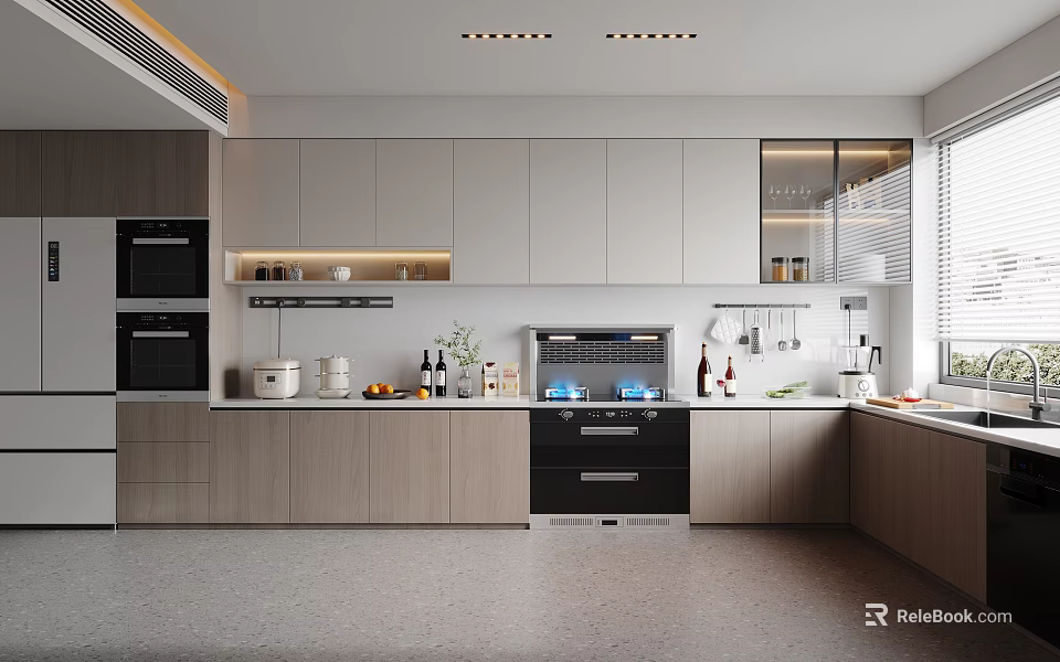 Modern Open Kitchen Interior Design With White And Wooden Cabinets Island Counter And Appliances 3d model 