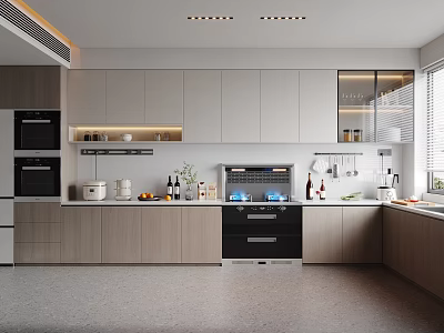 Modern Open Kitchen Interior Design With White And Wooden Cabinets Island Counter And Appliances 3d model