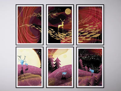 Six Animal Paintings Featuring Deer Moon Starry Sky and Golden Leaves in Red Purple Tones 3d model