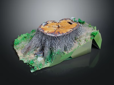 Tree Stump Display with Heart Shaped Cross Section Green Grass Moss and Geometric Base 3d model