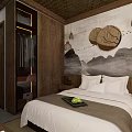 Traditional Chinese Hotel Room With Wooden Furniture And Landscape Wall Decor