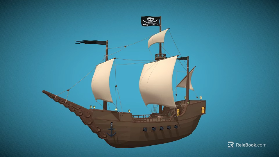 Vintage Wooden Pirate Ship With White Sails And Black Jolly Roger Flag 3d model 