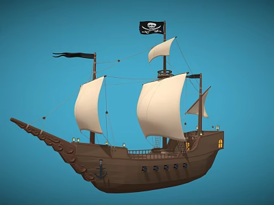 Vintage Wooden Pirate Ship With White Sails And Black Jolly Roger Flag 3d model