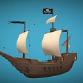 Vintage Wooden Pirate Ship With White Sails And Black Jolly Roger Flag