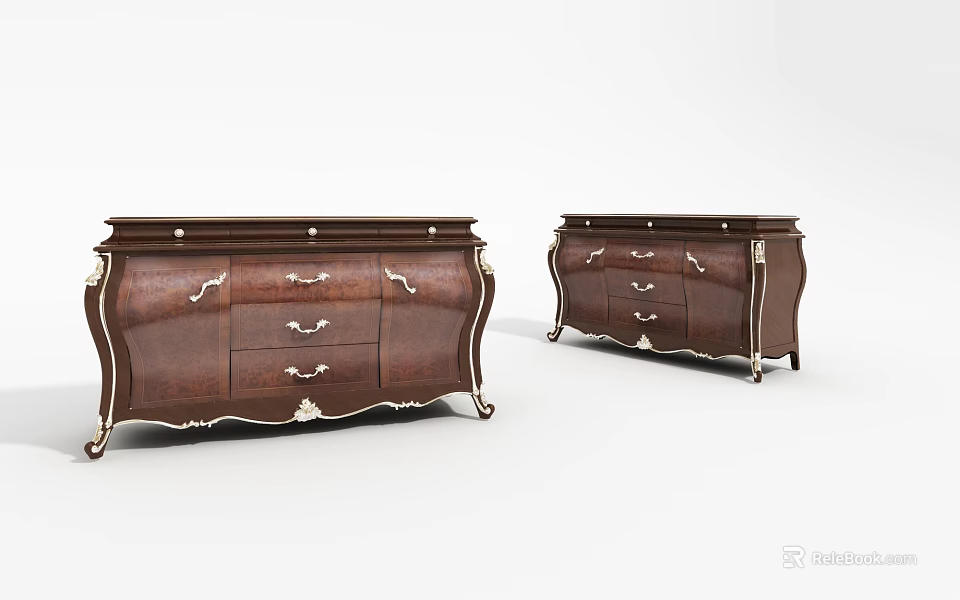 Two Classic Wooden Sideboards With Drawers And Ornate Metal Handles Design 3d model 