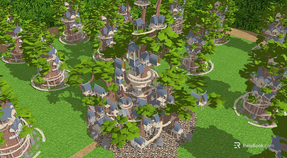 Scenic Treehouse Villa Buildings Nestled In Lush Green Trees And Grassland 3d model 