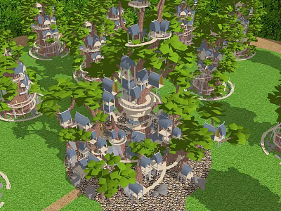 Scenic Treehouse Villa Buildings Nestled In Lush Green Trees And Grassland 3d model