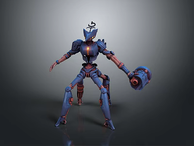 Blue Mechanical Robot Character with Antenna Head Red Joints and Weapon Device in Standing Pose 3d model