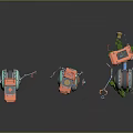 Three Colorful Robots With Various Sizes Wheels And Green Tools On Reflective Floor
