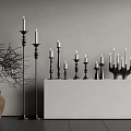 Decorative Ornament Set With Brown Vase Twig Branch Black Candle Holders And White Candles