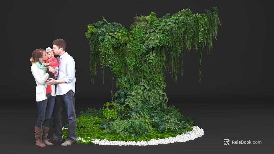 Floral Art Installation With Lush Greenery Hanging Plants And White Pebble Base 3d model 