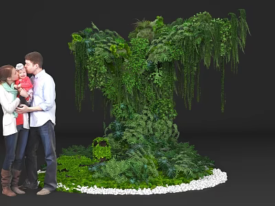 Floral Art Installation With Lush Greenery Hanging Plants And White Pebble Base 3d model