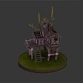 Elevated Wooden Tree House Structure With Ladder Platform Thatched Roof And Grass Base