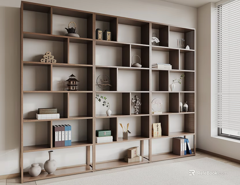Modern Wooden Storage Shelf With Books Vases And Decor In Living Room 3d model 