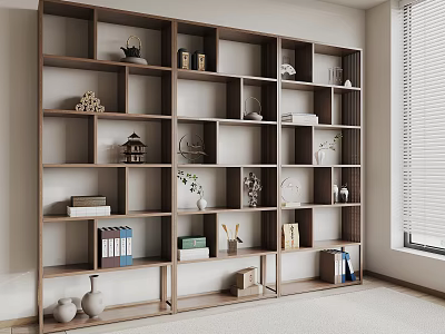 Modern Wooden Storage Shelf With Books Vases And Decor In Living Room 3d model