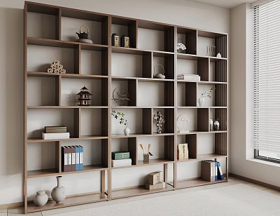 Modern Wooden Storage Shelf With Books Vases And Decor In Living Room 3d model
