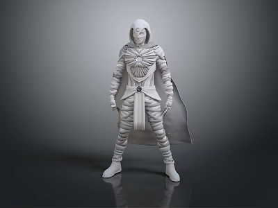 Hooded Cloaked White Armored Character in Standing Pose with Gray Gradient Background and Reflective Floor 3d model