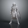 Hooded Cloaked White Armored Character in Standing Pose with Gray Gradient Background and Reflective Floor