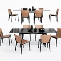 Modern Dining Table Set With Black Table Brown Chairs And Decorative Bowls 3d model