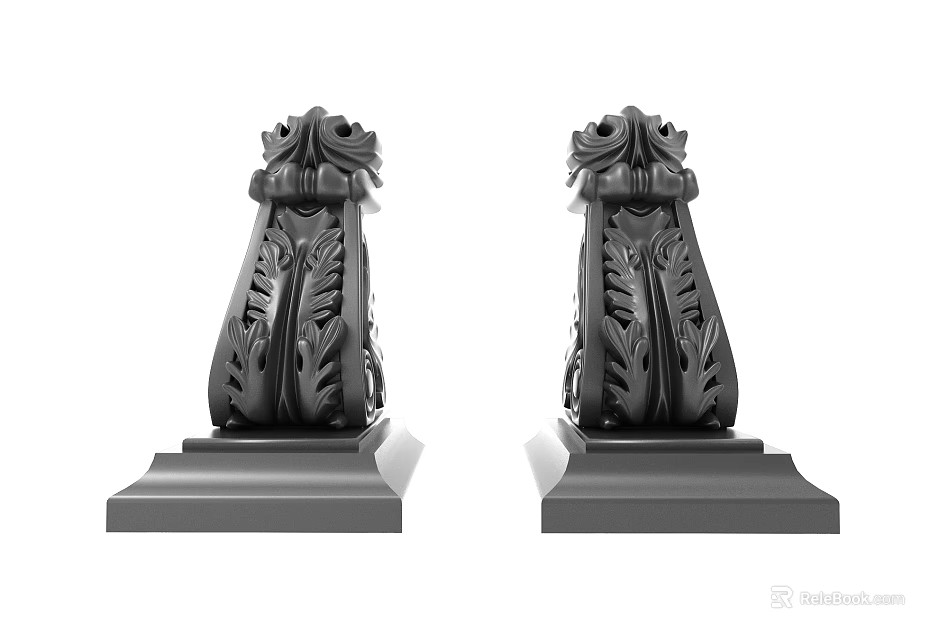 Elegant Black Carved Decorative Columns With Intricate Leaf Patterns And Sturdy Bases 3d model 