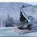 Metal Sculpture With Irregular Shape Branch Like Lines By Waterfall Gray Wall And Water Reflection