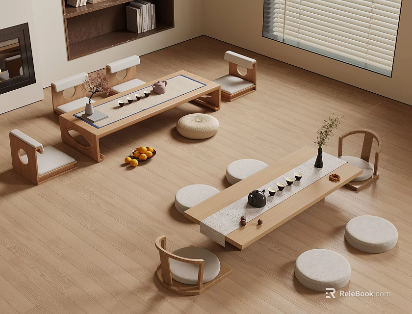 Minimalist Living Room Interior With Wooden Furniture Round Cushions Tea Set And Fresh Fruits 3d model 