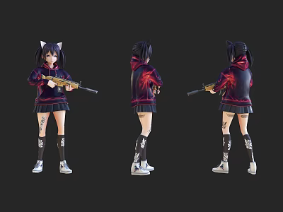 Anime Style Game Character With Cat Ears Hoodie Holding Rifle And Leg Tattoos 3d model