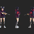 Anime Style Game Character With Cat Ears Hoodie Holding Rifle And Leg Tattoos