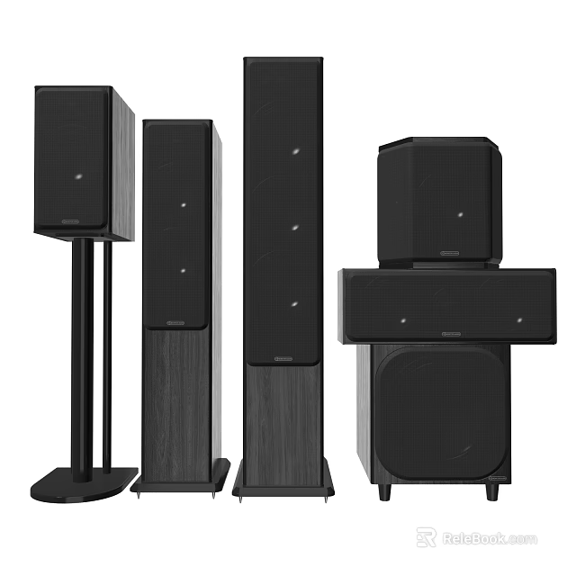 Stylish Home Theater Speaker System With Tower Bookshelf And Subwoofer Units 3d model 