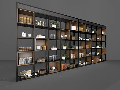 Stylish Modern Bookcase With Open Shelves Books Decorative Pieces And Small Plants 3d model