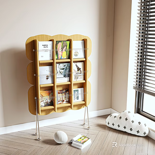 Unique Shape Wooden Bookcase with Multiple Shelves Holding Books and Decorations in Cozy Room Corner 3d model 