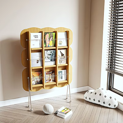 Unique Shape Wooden Bookcase with Multiple Shelves Holding Books and Decorations in Cozy Room Corner 3d model