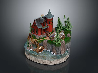 Miniature Red House Model With Pine Trees Waterfall Small Mill And Scenic Design 3d model