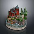 Miniature Red House Model With Pine Trees Waterfall Small Mill And Scenic Design 3d model