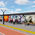 Colorful Mural Feature Wall With People Appreciating Flower Beds And Street Lamp Under Blue Sky