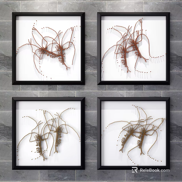 Black Framed Wall Decor Featuring Dried Plant Designs on Gray Brick Background 3d model 