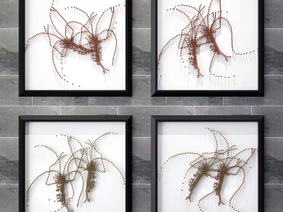Black Framed Wall Decor Featuring Dried Plant Designs on Gray Brick Background 3d model