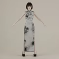 Woman Wearing Traditional Qipao With Ink Painting Pattern And Side Slit Design