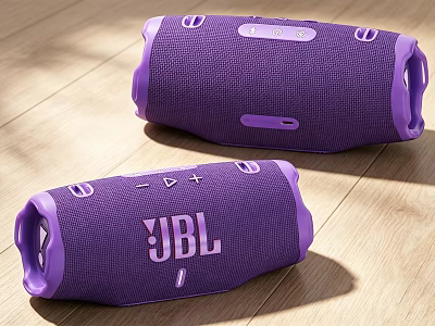 Purple JBL Portable Speakers With Stylish Mesh Design On Wooden Floor 3d model