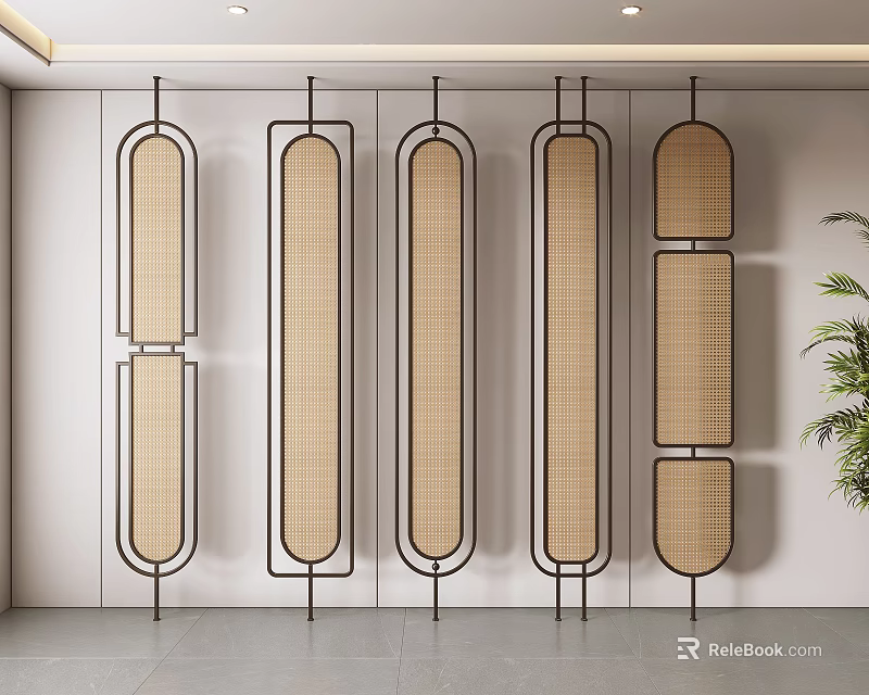 Modern Room Dividers With Black Frames And Beige Woven Geometric Design 3d model