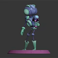 3D Sci Fi Robot Character with Glowing Accents Standing on Purple Platform Holding Ray Gun