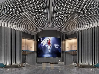 Modern Hotel Lobby Interior With Striped Ceiling Large Screen And Comfortable Sofas 3d model