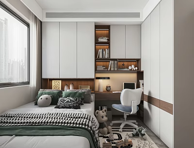 Tatami Bedroom Interior Modern Design With Built in Storage Cabinets Study Desk And Cozy Bedding 3d model