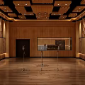 Professional Recording Studio Interior With Wooden Acoustic Panels And Microphone Stands